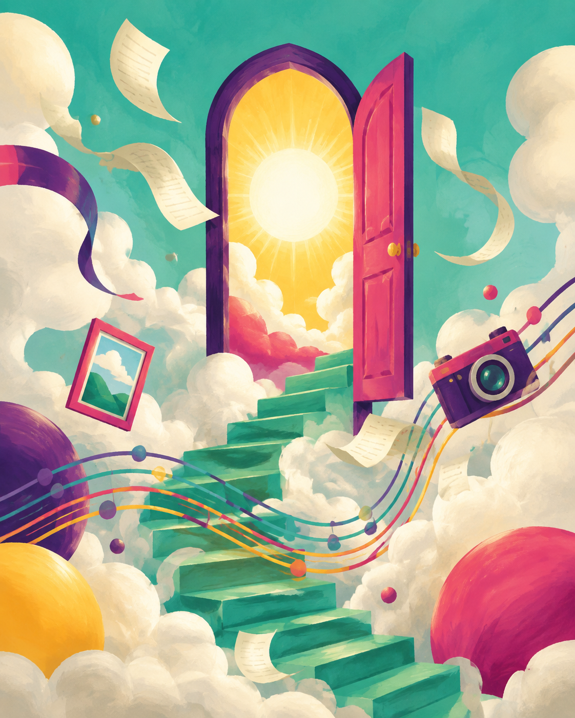 Whimsical Good Jinx dream doorway above clouds with pages, a camera, and colorful stairs