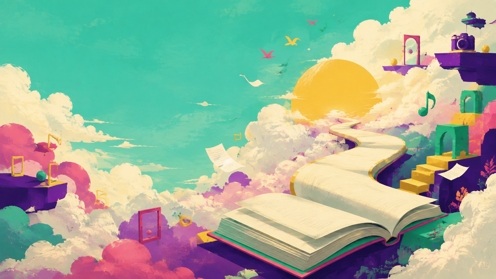 Surreal Good Jinx dreamscape with clouds, a golden sun, and an open book becoming a path