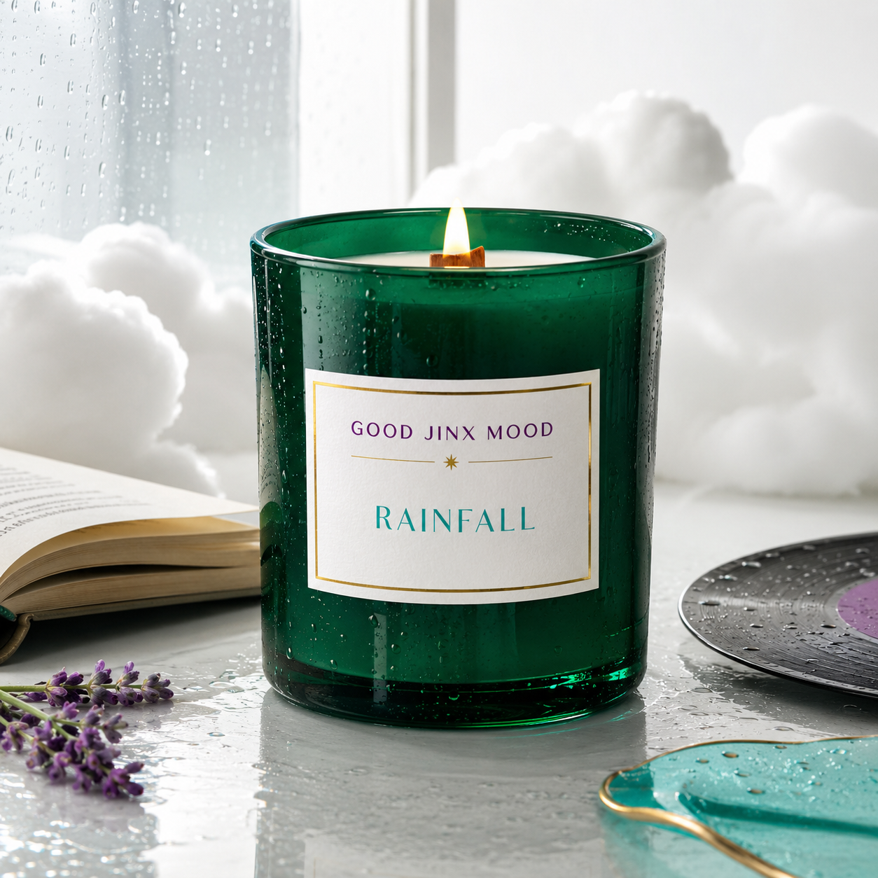Good Jinx Mood Rainfall candle in emerald green glass beside an open book and vinyl record in a rainy cloud setting