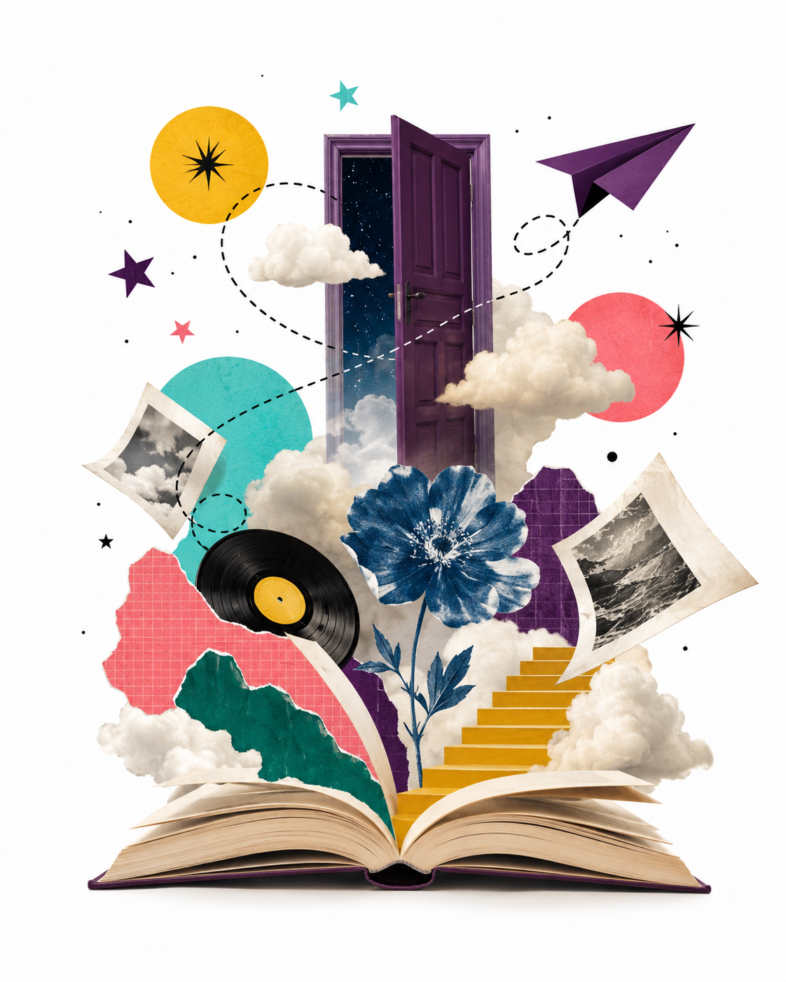 A whimsical Good Jinx dream world emerging from an open book with clouds, a purple paper plane, a doorway, a record, and a cyanotype flower.